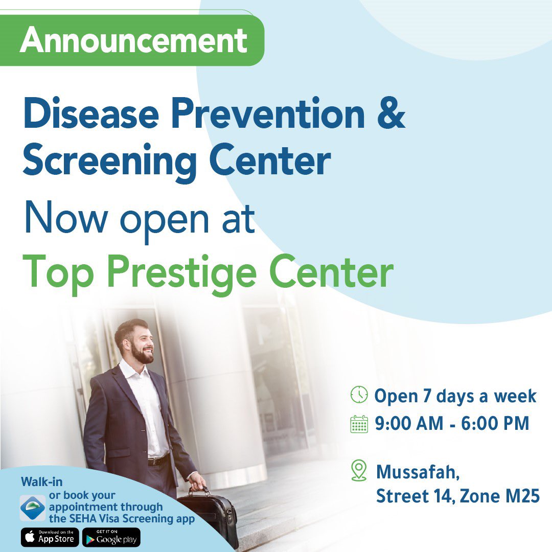 sehaclinics_ae's tweet image. Visa screening is now available at Top Prestige in Mussafah. You can walk into our Disease Prevention &amp;amp; Screening Center or book an appointment through SEHA Visa Screening app.
#AHS #SEHA #VisaScreening #AbuDhabi #InAbuDhabi