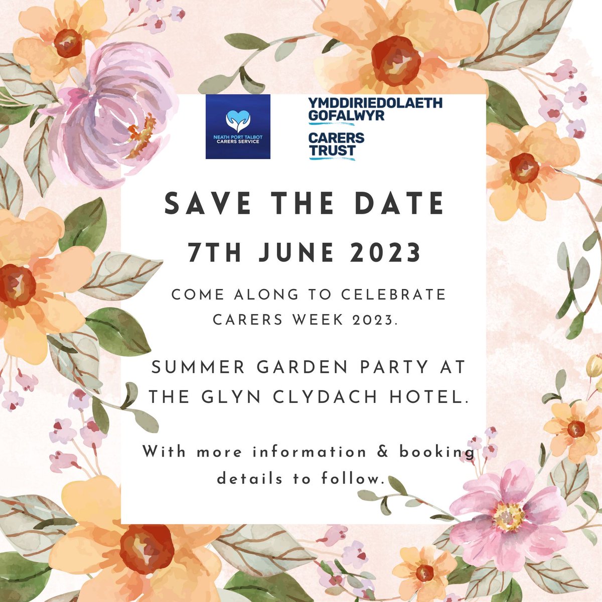 SAVE THE DATE  - CARERS SUMMER PARTY 🥳

To celebrate Carers Week 2023 come along and join NPT Carers Service at The Glyn Clydach Hotel for a Summer Garden Party which will be held on 7th June 2023.

Bookings will be open when details are finalised.