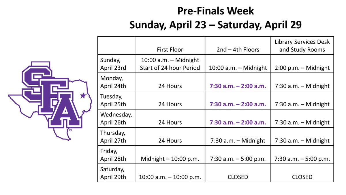 Pre-Finals Weeks Expanded Hours.  Please see the highlighted hours starting today (Monday, April 24th), Tuesday, and Wednesday.  Have a great finish to the semester!