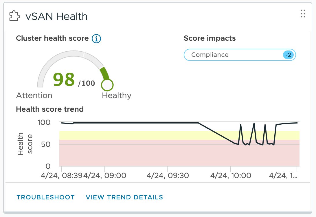 It is easy to see #VMware vSAN's current overall health and recent history in the latest version. This screen grab shows where I upgraded to #vSAN 8 Update 1, and each host was rebooted. #HCI