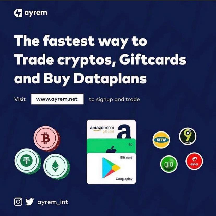 Are you looking for where to trade crypto coins? 

@ayrem_int got you covered ❤️
It’s fast and dependable way to Trade cryptos, Giftcards and Buy Dataplans.

Visit ayrem.net today to start trading

#UseAyrem
#AyremIsYourPlug.