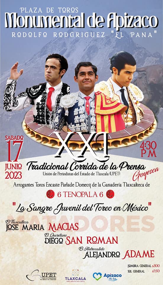 Connexiones's tweet image. #UPET | Presentó UPET cartel de la XXI edición de la Tradicional Corrida de la Prensa

Corrida Goyesca el 17 de junio a partir de las 4:30 PM en la Monumental de Apizaco

6 toros de la Ganadería de Tenopala José María Macías, Diego San Román y Alejandro Adame
@upet_oficial