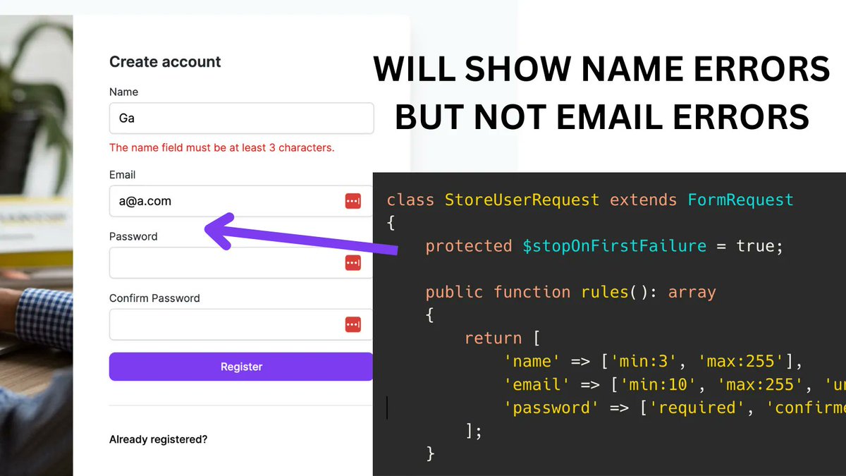 PovilasKorop's tweet image. Laravel validation tip.
In Form Request classes, you may define `$stopOnFirstFailure = true` and it will not check/show the subsequent errors after the first one.
Link to the docs: laravel.com/docs/10.x/vali…