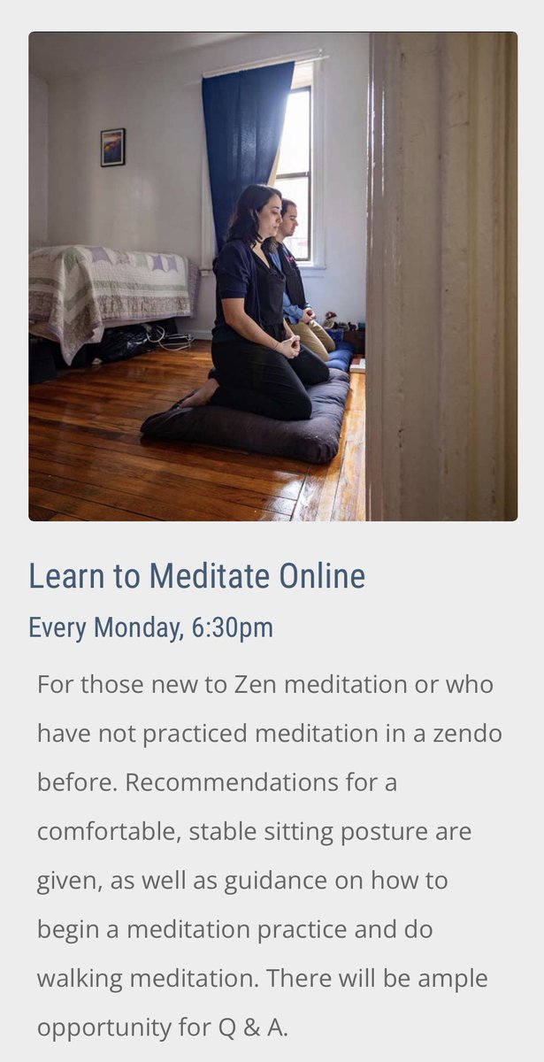 Learn to Meditate—every Monday. For those new to Zen meditation, interested in Zen practice, or looking for a refresher.
Instruction begins promptly at 6:30. villagezendo.org/events/learn-t…