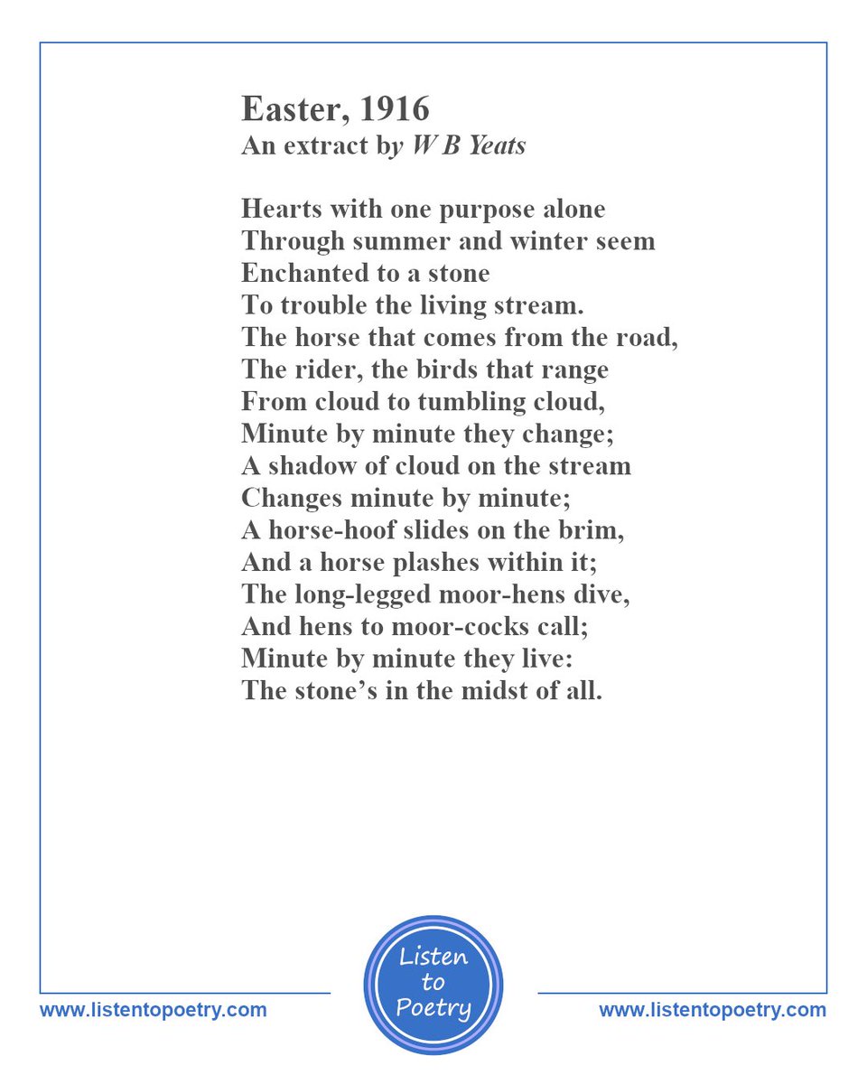 ListentoPoetry's tweet photo. Listen to #Easter1916 by #WBYeats, #IrishPoet on #ListentoPoetry. 
https://t.co/1LA3sgd7Wx 
#Poetry #PoetryCommunity #IrishPoet @Yeatssocietyirl #TheYeatsSociety https://t.co/rNbt5JSHob