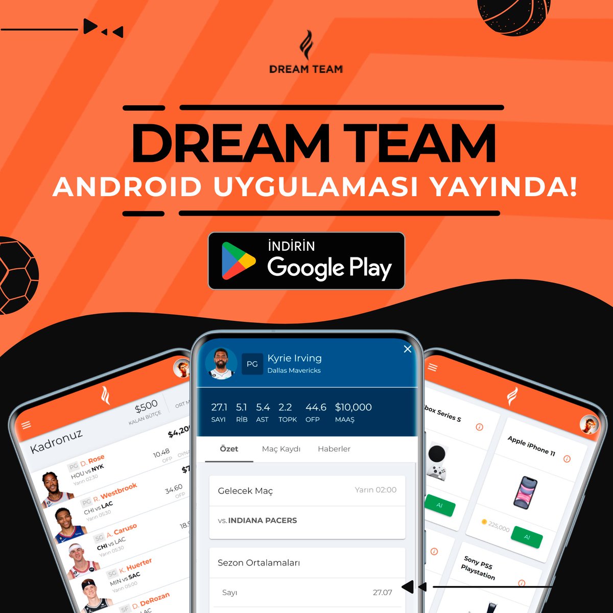 Dream Team Android uygulaması yayında! Uygulamayı indirerek var olan hesabınla giriş yapabilirsin, hesabın yoksa da tek tıkla kaydolabilirsin. Fırsatları kaçırmak istemiyorsan bildirimleri açmayı unutma! IOS uygulaması da çok yakında geliyor. Hemen indir: dreamteamfg.page.link/download