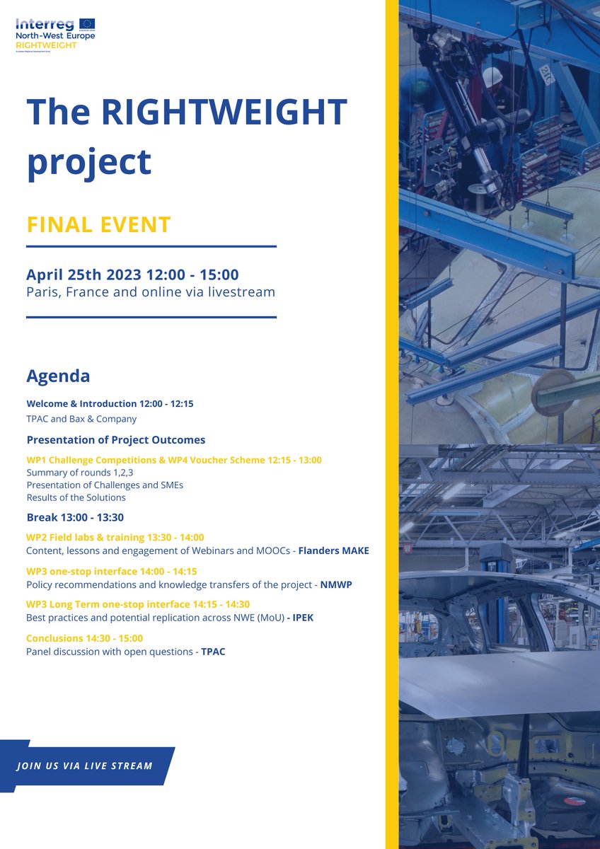 Partners will gather for the RIGHTWEIGHT final event tomorrow in Paris at the JEC Group!

We will be presenting the project outcomes, achievements and lessons learnt throughout RIGHTWEIGHT.

Join us via live stream tomorrow!

🗓 Tuesday April 25th 12:00 - 15:00
