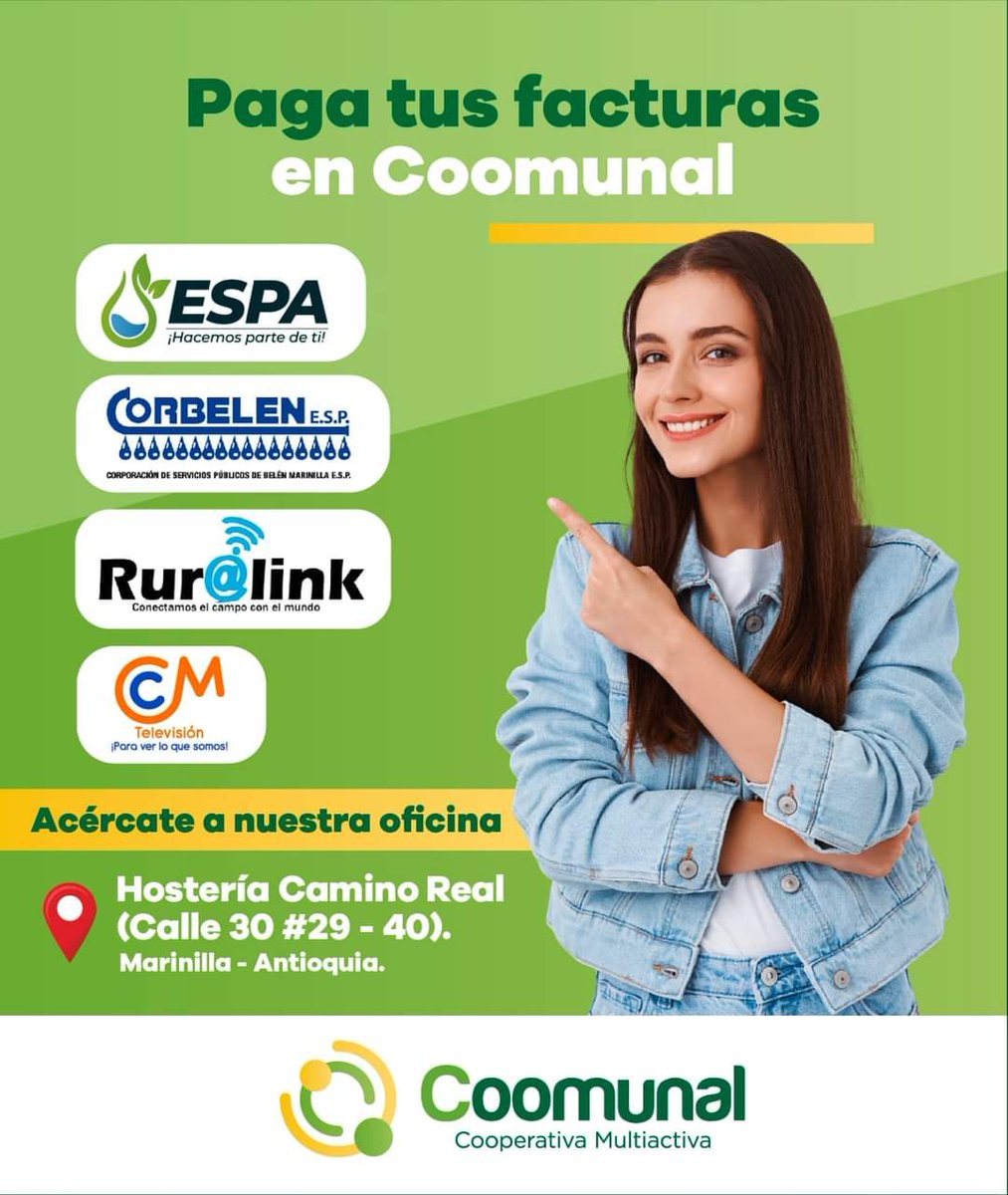 coomunal's tweet photo. En nuestra Cooperativa ya puedes pagar las facturas de los servicios públicos. 
#Servicios #Publicos #Marinilla #Cooperativa https://t.co/mMdClATRhz