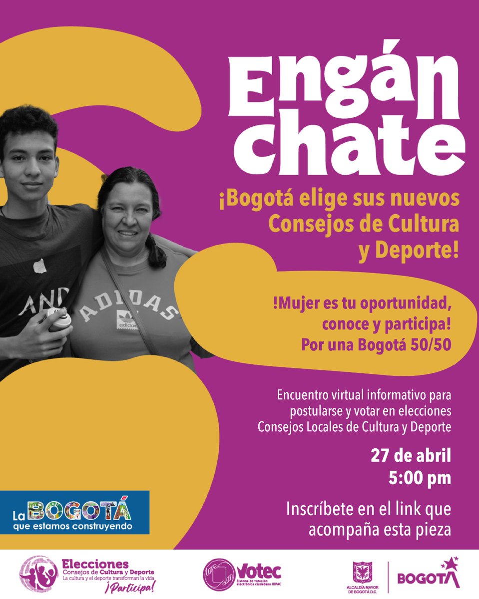 secredistmujer's tweet photo. 📣¿Eres lideresa local de cultura y deporte?
Conéctate e infórmate sobre cómo postularse como candidata y también, cómo votar en las elecciones del #CLACP y #DRAFE de tu localidad.
🗓️ Jueves 27 de abril
⏰ 5:00 pm
📌 https://t.co/7Wqw4m3pVC
#RutaPorLaParidad https://t.co/oYg2srSV4O