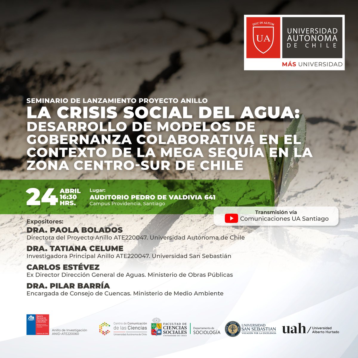 UAinvestigacion's tweet photo. ¡Hoy a las 16:30 comienza el lanzamiento del #ProyectoAnillo "La crisis social del #agua" de la Dra. Paola Bolados en la @autonomadechile!
No te pierdas la transmisión en vivo: https://t.co/NrlXhI1qsj
#Agua #CrisisSocial #Investigación https://t.co/OildMtdJhI