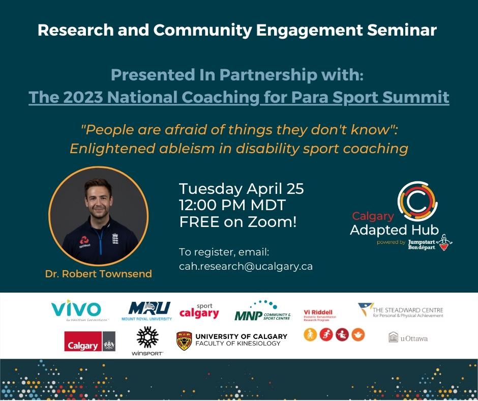 Calgary Adapted Hub powered by Jumpstart (@yycadaptedhub) on Twitter photo TOMORROW is our next Research and Engagement Seminar in partnership with the 2023 National Coaching for Para Sport Summit - have you registered with cah.research@ucalgary.ca yet?
#SportCoach
#CoachDevelopment
#DisabilitySports
#ParaCoaching
#ResearchPartnerships
#SportNewZealand TOMORROW is our next Research and Engagement Seminar in partnership with the 2023 National Coaching for Para Sport Summit - have you registered with cah.research@ucalgary.ca yet?
#SportCoach
#CoachDevelopment
#DisabilitySports
#ParaCoaching
#ResearchPartnerships
#SportNewZealand