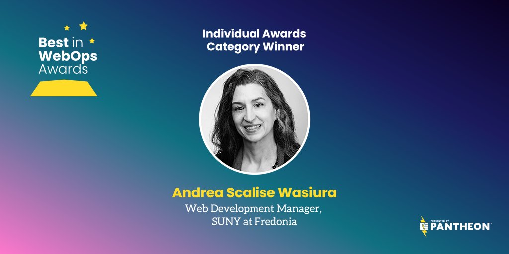 getpantheon's tweet image. .@FredoniaU congratulates Andrea Scalise Wasiura for being named a #BestInWebOps Award Winner! 🎉 Recognizing outstanding contributions to digital experiences and transformative change. ✨

Read more: ow.ly/to6R50NP4hC