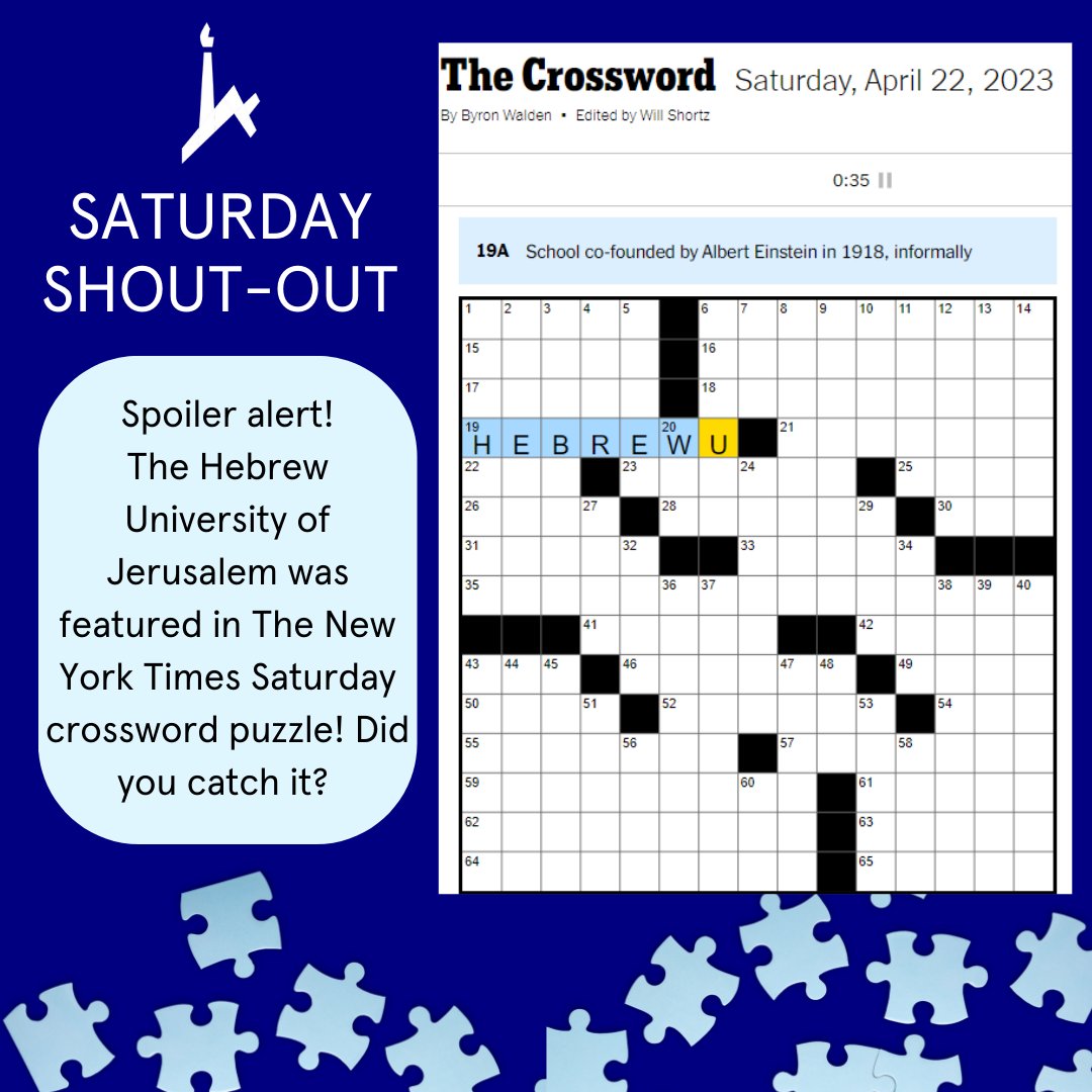 Thank you to this past Saturday's @nytimes #crossword writer @ByronLWalden for shouting out @HebrewU! We were ecstatic to read the crossword clue, 'school co-founded by Albert Einstein in 1918, informally.' bit.ly/3ArmAtc #shoutout