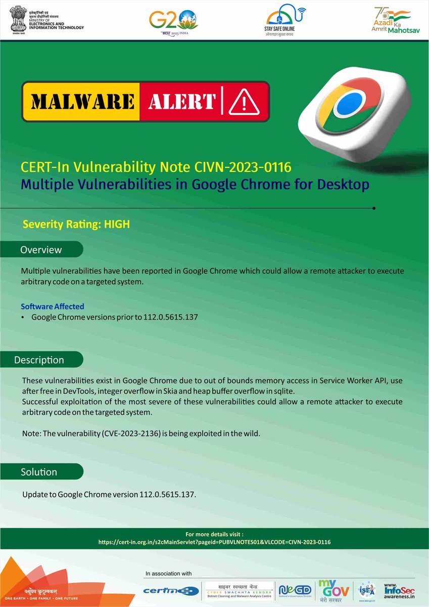 InfoSecAwa's tweet photo. Multiple Vulnerabilities in Google Chrome for Desktop⚠️
#staysafeonline #g20india #g20dewg #g20org
#besafe #staysafe #ssoindia #meity #HappyBirthdaySachin #TheAncientKnowledge #MissionCleanliness #MondayMotivation #GodMorningMonday
@GoI_MeitY @IndianCERT @NICMeity @MeitY_NICSI https://t.co/JpH8KF48Lv