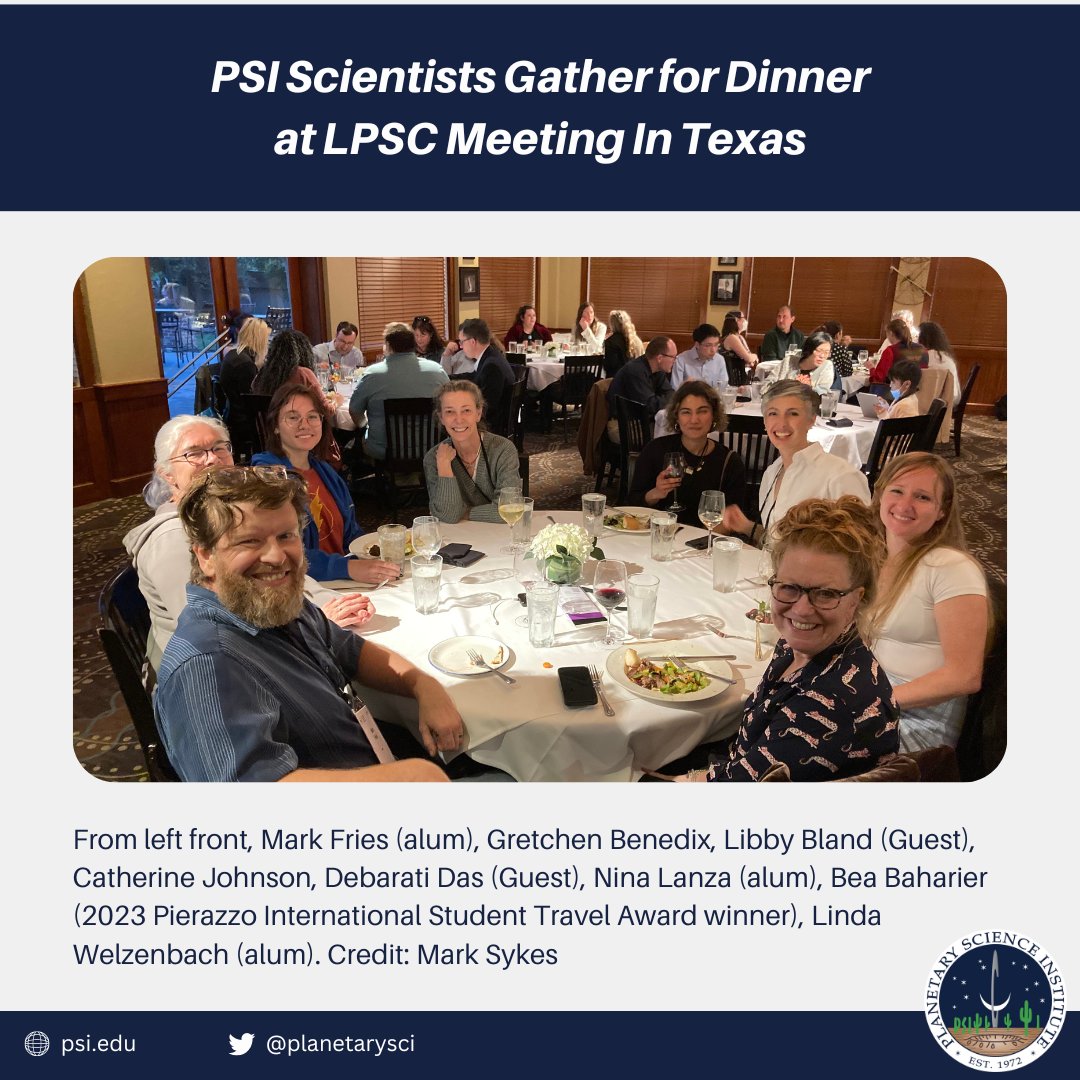 planetarysci's tweet image. Out of This World Presentations at LPSC &amp;amp; More!

PSI Scientists, alumni and guests met for dinner during the 54th Lunar and Planetary Science Conference held in The Woodlands, Texas.

Learn more about PSI&apos;s research at #LPSC2023: mailchi.mp/psi.edu/psi-an…