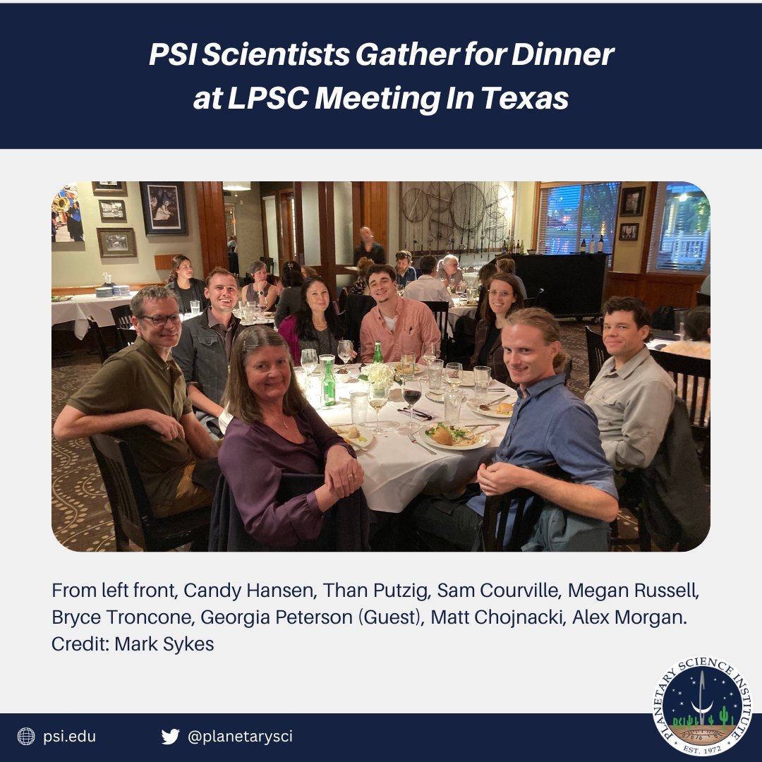 planetarysci's tweet image. Out of This World Presentations at LPSC &amp;amp; More!

PSI Scientists, alumni and guests met for dinner during the 54th Lunar and Planetary Science Conference held in The Woodlands, Texas.

Learn more about PSI&apos;s research at #LPSC2023: mailchi.mp/psi.edu/psi-an…