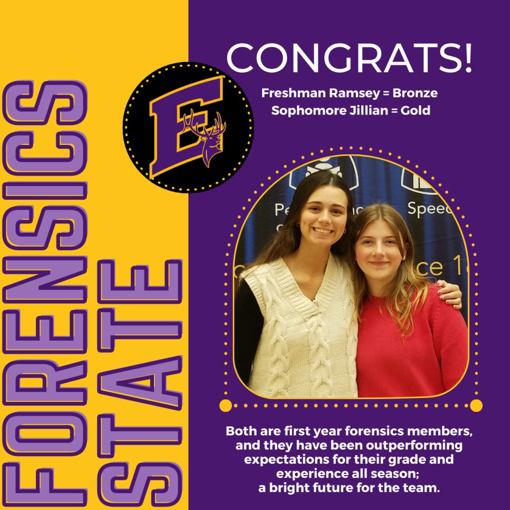 ElmerElk's tweet image. Congratulations to our State Forensics team! 
Sophomore Jillian earned a Gold and Freshman Ramsey earned Bronze!

Great job ladies!
#goelks