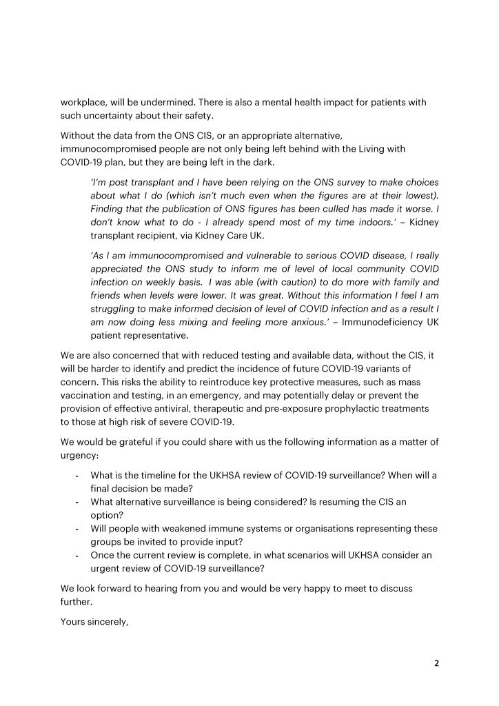 The pausing of the ONS data has left immuncompromised patients further exposed and at greater risk

Along with 11 other National Charities we have co-signed a letter to Dame Jenny Harries  @UKHSA 

#Forgotten500k 
#ForgottenLivesUk