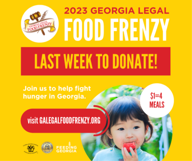GeorgiaYLD's tweet photo. This is the LAST WEEK to donate to the 12th Annual Georgia Legal Food Frenzy! Thank you to everyone who has donated so far. Your contributions help Law Firms in and around Georgia put food on the table for our neighbors experiencing food insecurity. Let's keep it up!
#GALFF https://t.co/fGBrGkU9bY