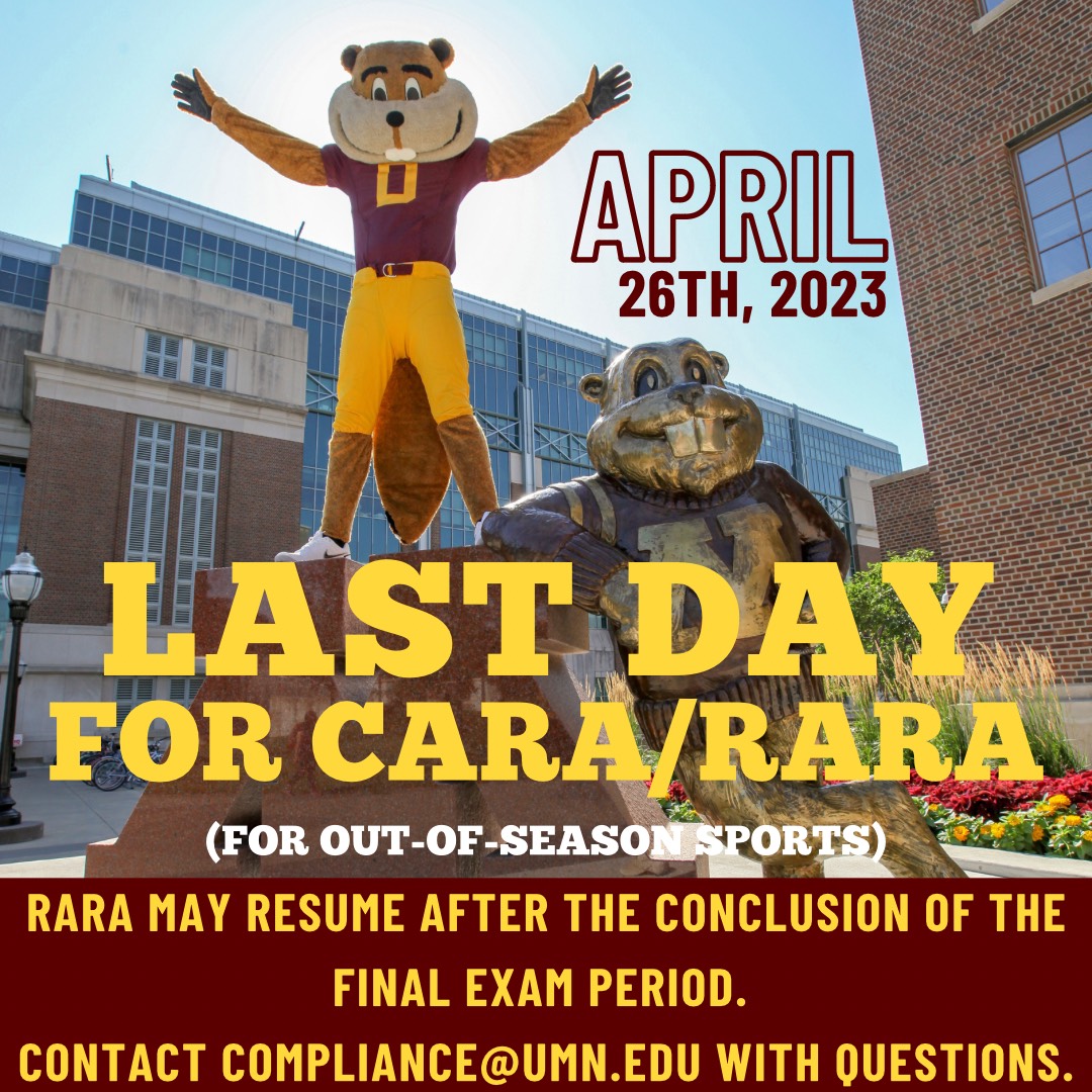 GopherGuardian's tweet image. A reminder for our out-of-season sports: The last day student-athletes can participate in CARA/RARA during the spring semester is this Wednesday, April 26! RARA may resume after the conclusion of the final exam period. Please reach out to our office with any questions!