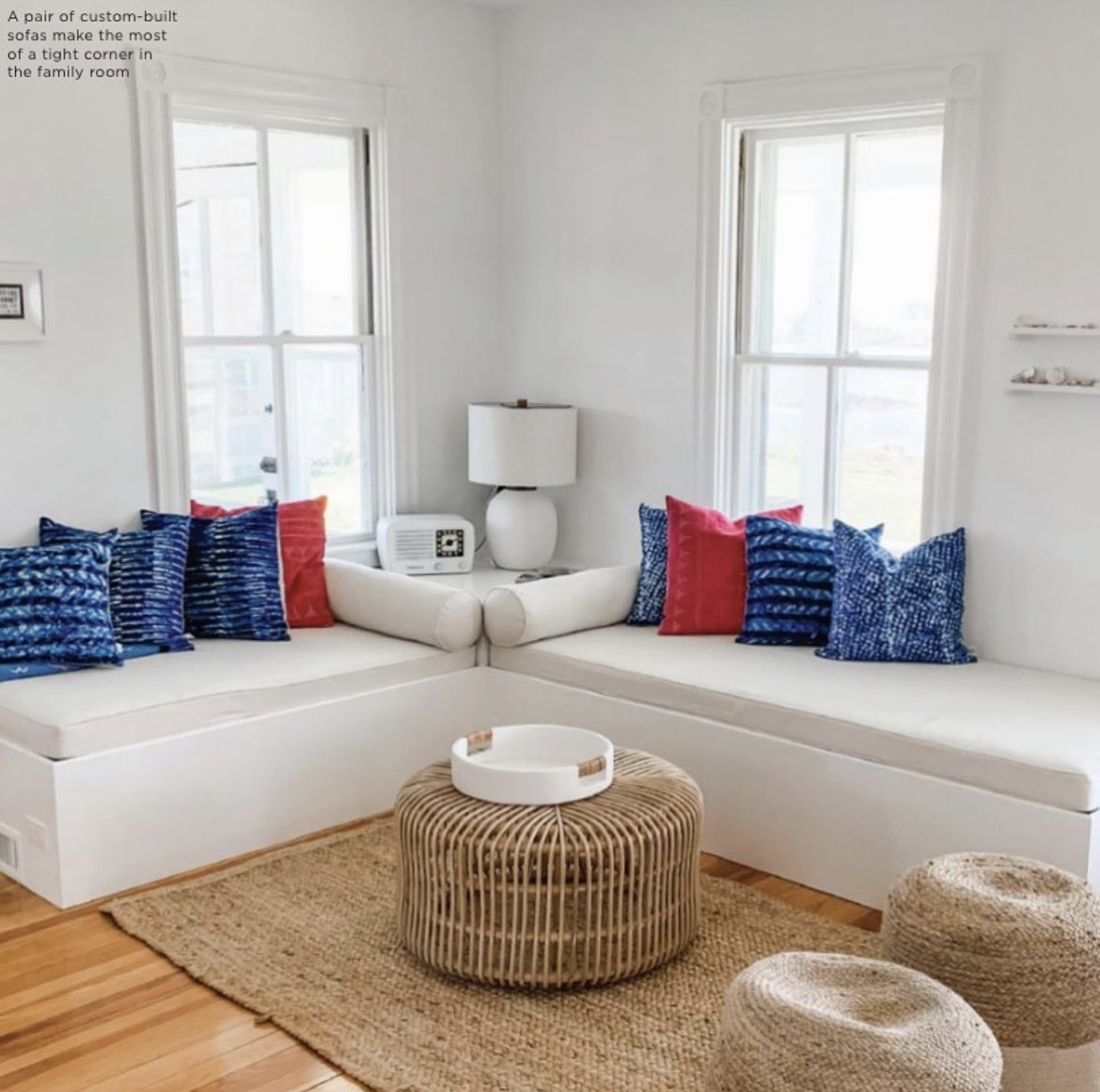 Our blue batik pillows add vibrance to a client's beautiful beach home featured in @thebaymag. #homedecor #homedecorideas #homeaesthetic #patterndesign #sustainabledesign #handmade #homesweethome #myhomestyle #artisanmade #slowmade #designwithpurpose #ethicallymade #ethicallysou