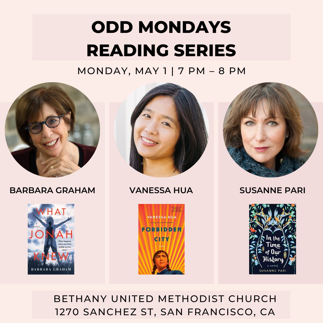 One week from today, join <a href="/vanessa_hua/">Vanessa Hua</a> @SusannePari and myself for the Odd Mondays Reading Series at Bethany United Methodist Church in San Francisco. We'll be reading from our work on the theme of spring/renewal in-person at 7pm. 

Register on Facebook: facebook.com/events/1553816…