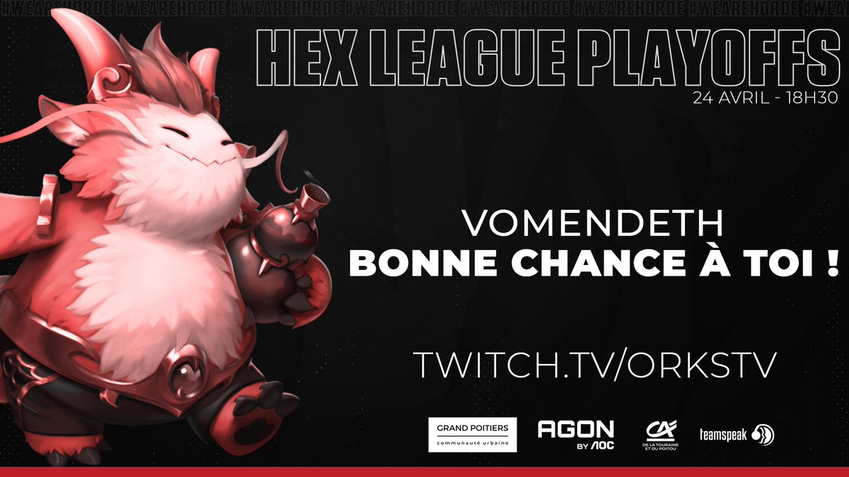🏆Hex League - Playoffs

Notre champion pictavien est en direct de Lyon pour joueur les playoffs du championnat français de <a href="/TFT_France/">Teamfight Tactics France</a> ! 🙌

Venez nombreux encourager <a href="/Vomendeth/">vovo</a> avec <a href="/orKsGP_Warnless/">f_warnless</a> sur twitch.tv/orkstv à 18h15 ! #WeAreHorde 🔴⚫️