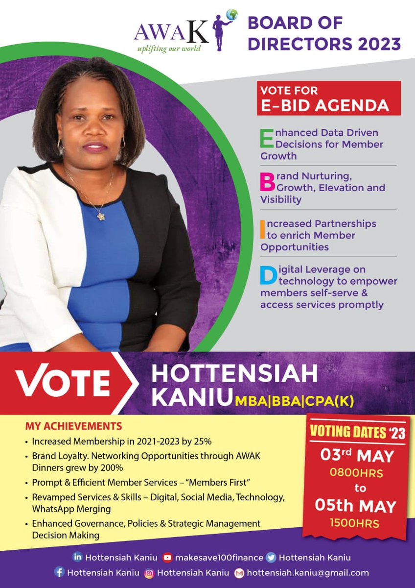 @AWAK_Kenya  Board of Directors elections. Vote to Re-elect CPA Hottensiah Kaniu for the period 2023-2025. Monday, 03-05 May 2023. 8.00am -5.00 pm #CPAK #Governance #Boardroom #womenonboards #womenleaders #leadership #makesave100finace #vote4hottensiah #awakupliftingourworld