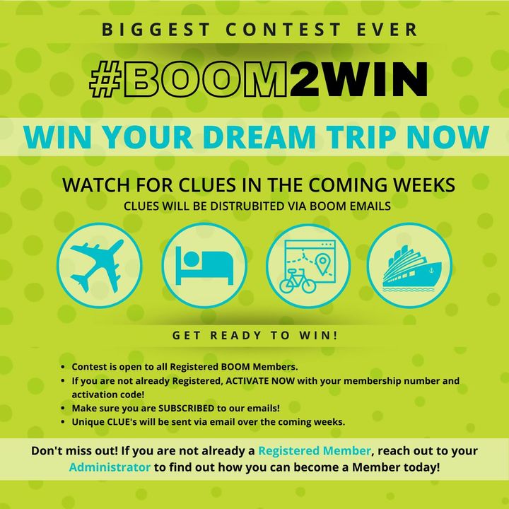 Last Chance for Week #1! 

Make sure you are ACTIVATED and SUBSCRIBED to participate in our #BOOM2WIN Contest! 

Entries for week 1 will close on Tuesday April 25 at NOON. The next PRIZE &amp; CLUE will be announced via email on Tuesday April 25!