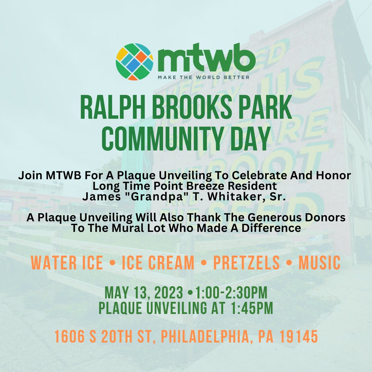 Join us on Saturday, May 13th at Ralph Brooks Park!