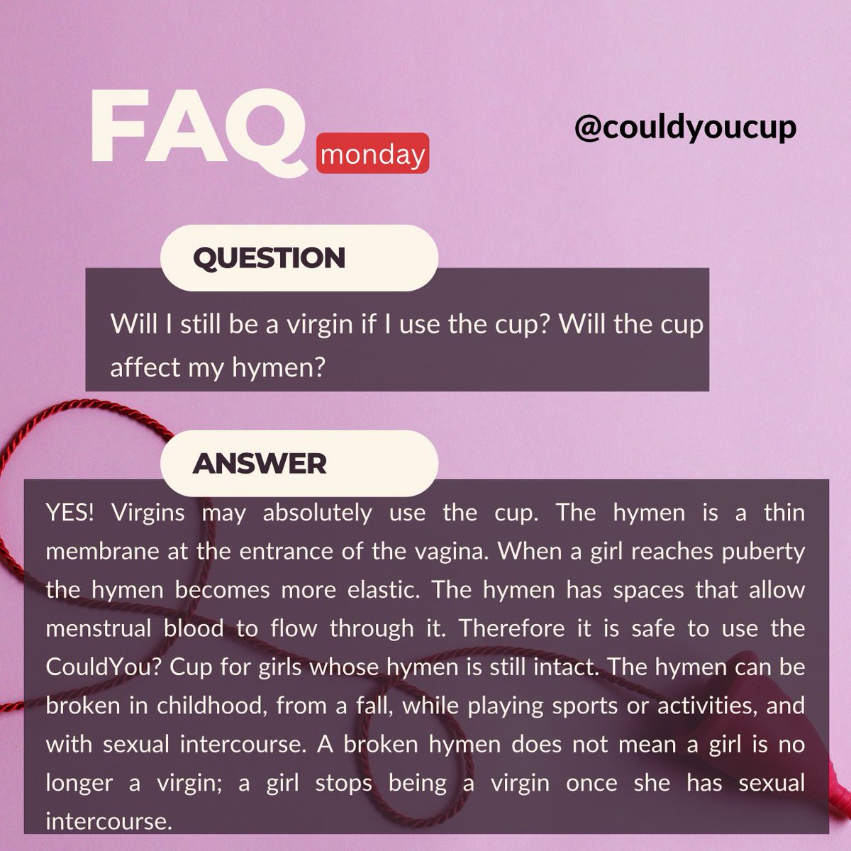 Myth: using a menstrual cup affects your virginity or hymen. 🤔 Fact: neither of these things are affected by using a cup. Let's break the stigma and embrace eco-friendly period products! 🌿💜 #CouldYou #MenstrualCupFAQ #PeriodMyths #SustainablePeriods