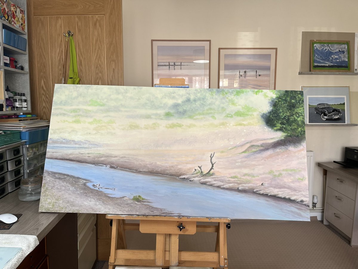 Not great at this stage of mapping out…. started this a few yrs ago &amp; forgot about it, more like avoided it 🤣 
In my typical ‘Jane’ style i went pretty big for 1st oil painting 🙃 
Zebras on the Mara causing a dust cloud as they charge away from crocs at the river crossing