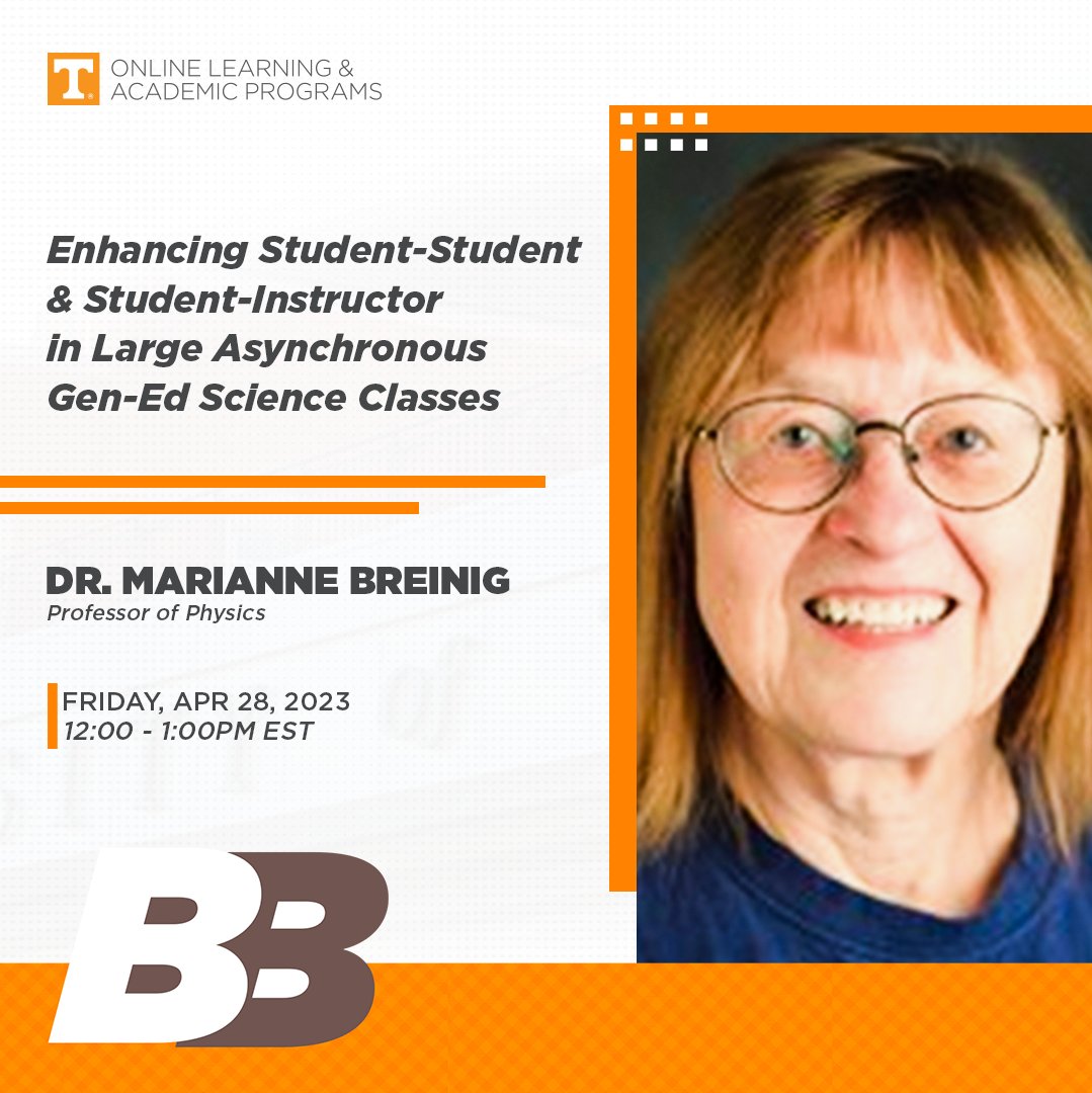 This week's virtual Brown Bag will happen tomorrow at 12 pm EDT. Dr. Marianne Breinig will discuss how to enhance student-student &amp; student-instructor interactions in large asynchronous Gen-Ed science classes. workshop.utk.edu/workshopinfo.p…