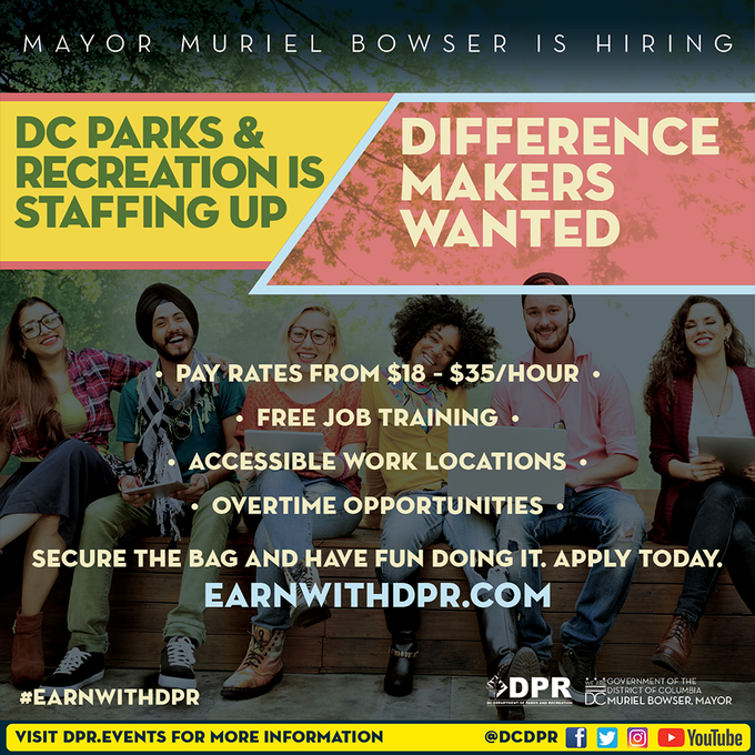 VinceGrayWard7's tweet photo. DC Parks &amp; Rec needs you. These are great jobs. Apply, get info, or sign up for the next Hiring Fair, May 6th, here: https://t.co/t23xDxSaAk https://t.co/p6eHqpr6Nw