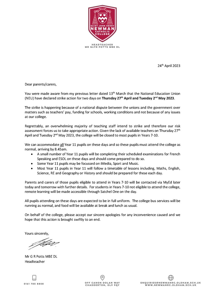 IMPORTANT LETTER HOME: STRIKE ACTION 27th April