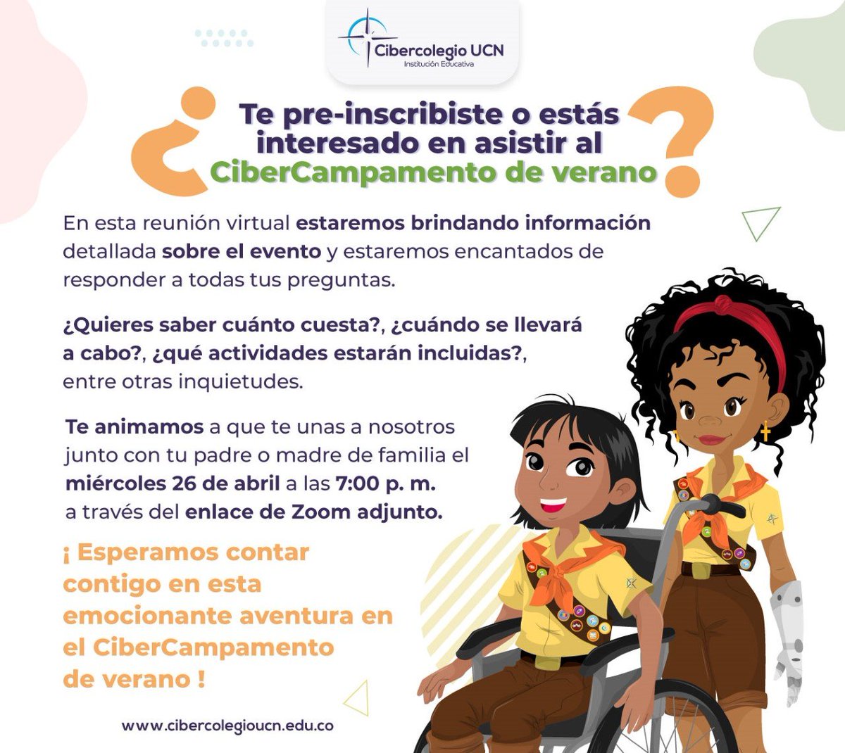 Nos complace invitarlos a unirse a nosotros en una reunión informativa sobre nuestro  evento cibercampamento de verano. La reunión se llevará a cabo a través de la herramienta Zoom, el día 26 de abril a las 07:00 p. m. Para unirse, solicite los accesos con el director de grupo.