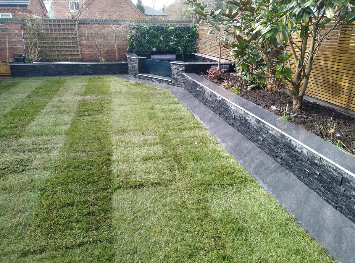 Before &amp; after photos of #landscaping #Nottinghamshire with a Japanese Koi pond &amp; <a href="/MarshallsGroup/">Marshalls</a> Drystack walling @MarshallsReg &amp; charcoal porcelain paving.