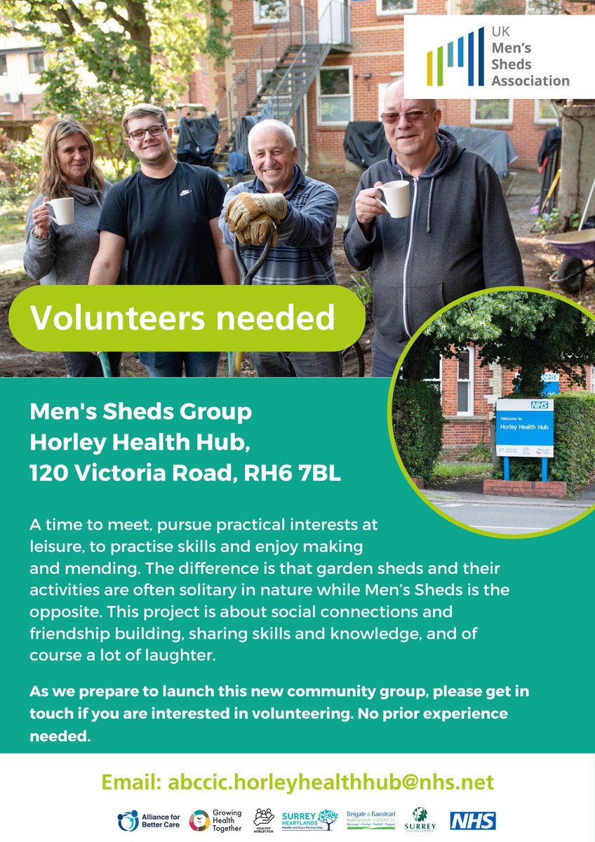 Horley Health Hub Community Space (@horleyhealthhub) on Twitter photo This Spring, we'll be running a Men's Shed Project at our Hub. It will be a chance to meet with others and practice your skills in making and mending.
If you would like to volunteer to join us for this project, please email: abccic.horleyhealthhub@nhs.net This Spring, we'll be running a Men's Shed Project at our Hub. It will be a chance to meet with others and practice your skills in making and mending.
If you would like to volunteer to join us for this project, please email: abccic.horleyhealthhub@nhs.net