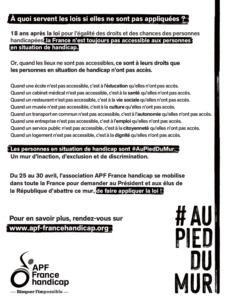 ⚠️ Du  25 au 30 avril, l’association <a href="/apfhandicap/">APF France handicap</a> se mobilise dans  toute la France pour demander au Président et aux élus de la République  de faire appliquer la loi en matière d'accessibilité ! #AuPiedDuMur ♿️
apf-francehandicap.org