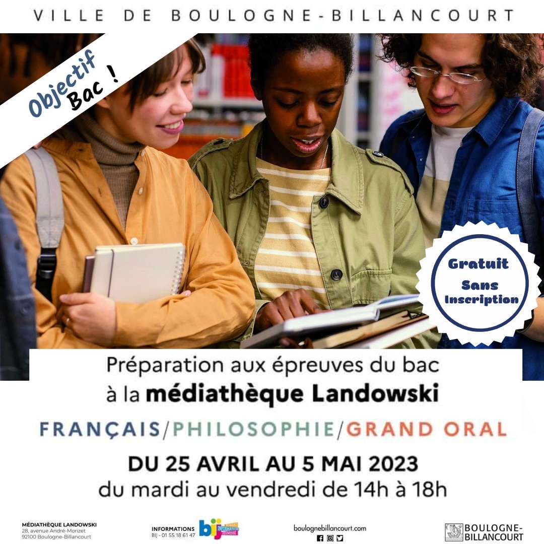 BIJBB's tweet photo. #InfoJeunesse à #BoulogneBillancourt
#BAC2023
#BonPlan 
 Dispositif d'aide aux révisions📖📚⤵️
Français,#philosophie ,#grandoral
Du 25avril au 5mai
Du mardi au vendredi 
De 14h à 18h 
à la #médiathèque #Landowski  
💡 gratuit &amp; sans inscription
infos+👉🏿https://t.co/6CyJ3KcPMw https://t.co/HVdBQlmKbs