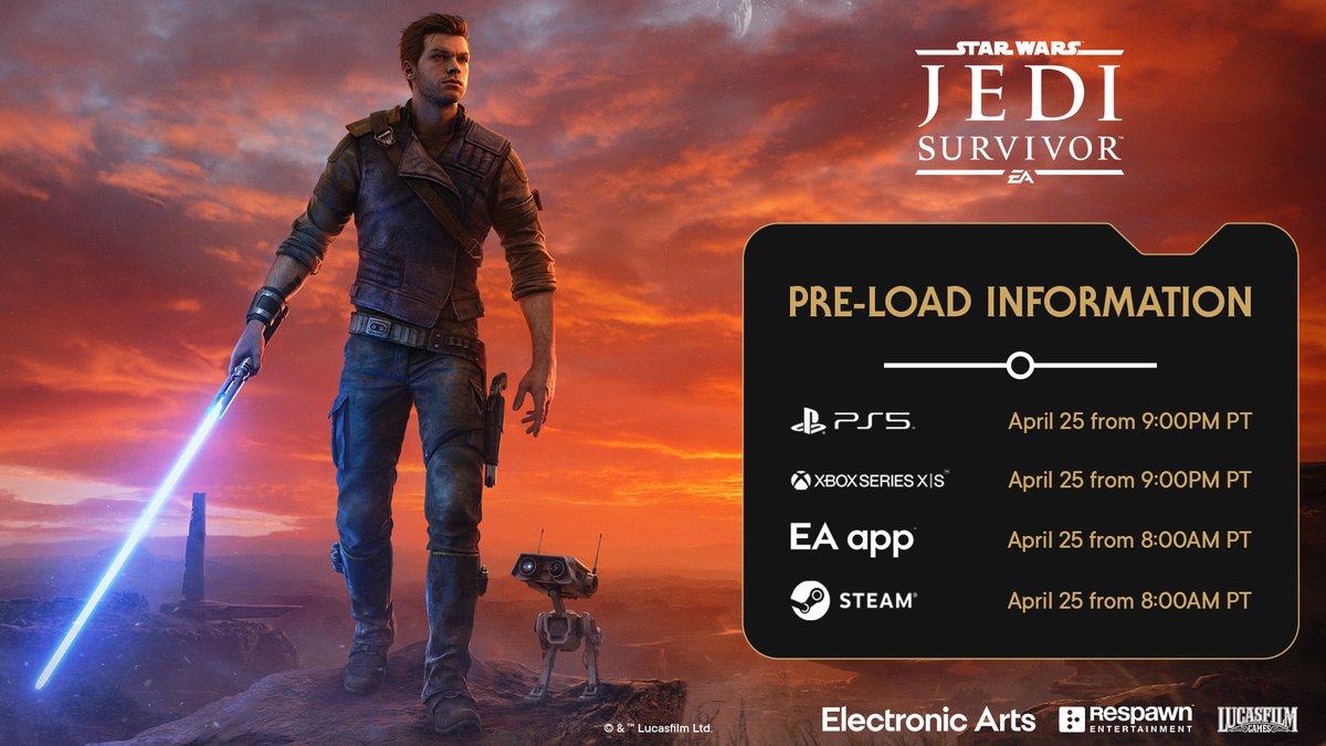 EAStarWars's tweet photo. It’s time to prepare for #StarWarsJediSurvivor!

Make sure to check out pre-loading information, global launch times, and PC requirements below.

Official FAQ: https://t.co/NE3XJoLLya
Pre-Order: https://t.co/8ExD2RN0NJ https://t.co/ewEuT8wZFw