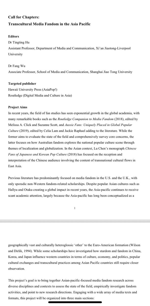 LiangGe96's tweet photo. Hola! Please check the CFP for the edited volume Transcultural Media Fandom in the AsiaPacific by my friend Dr HU Tingting and Dr WU Fang! If interested, plz send a 500-word abstract and your CV to the editor at https://t.co/18vIdaKj7Y_academic@hotmail.com, wufangwf@sjtu.edu.cn https://t.co/5iM9Mc3kFh