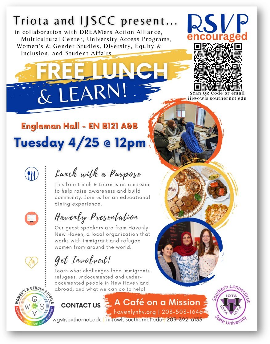 scsuwgs's tweet photo. Hello everyone, tomorrow we will be hosting the Lunch and learn with speakers from Havenly New Haven, a local non-profit organization that works with immigrant and refugee women from around the world and supports itself by operating a small New Haven restaurant/catering business. https://t.co/24OXHhdkEr