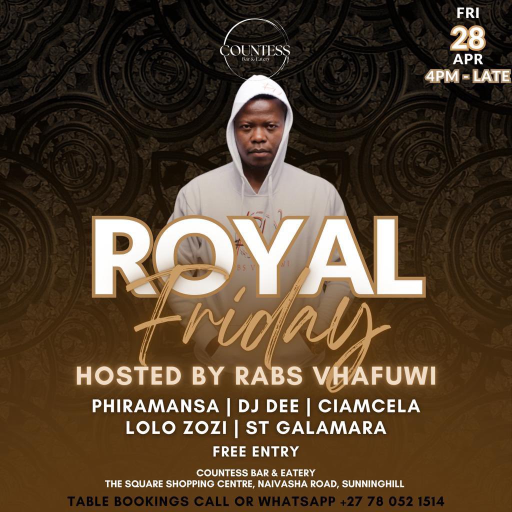 This Friday we doing Countess Bar & Eatery  in Sunninghill hosted by your most trusted @RabsVhafuwiSA 🙌🏾
And your favorite @Molepa_djdee will be pressing play ▶️. It’s a #RoyalFridays 
Free Entry 🚀🚀🚀
#Elmuziqa #Elrecords #TheGeneral #MolepaDjDee