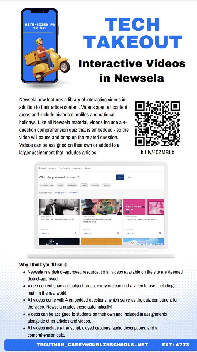 CTroutmanTech's tweet image. April&apos;s #TechTakeOut advertises @Newsela&apos;s library of interactive videos! Along with news articles, Ts can find videos that include 4 comprehension questions that pop up throughout the video. Thank you
@ChickfilA for donating a treat voucher for @erms_DCSD teachers!