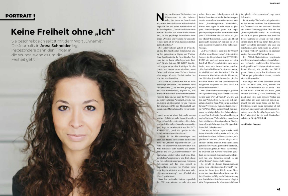 Dass <a href="/a_nnaschneider/">Anna Schneider</a> im linken Lager aneckt, scheint sie nicht zu stören. Soll man sie doch „vulgär-liberal“ nennen. „Besser als gar nicht liberal“, ist ihre Antwort. Für DIE ENTSCHEIDUNG, das Magazin der <a href="/Junge_Union/">Junge Union Deutschlands</a>, habe ich sie portraitiert. 📎 entscheidung.de/data/documents…