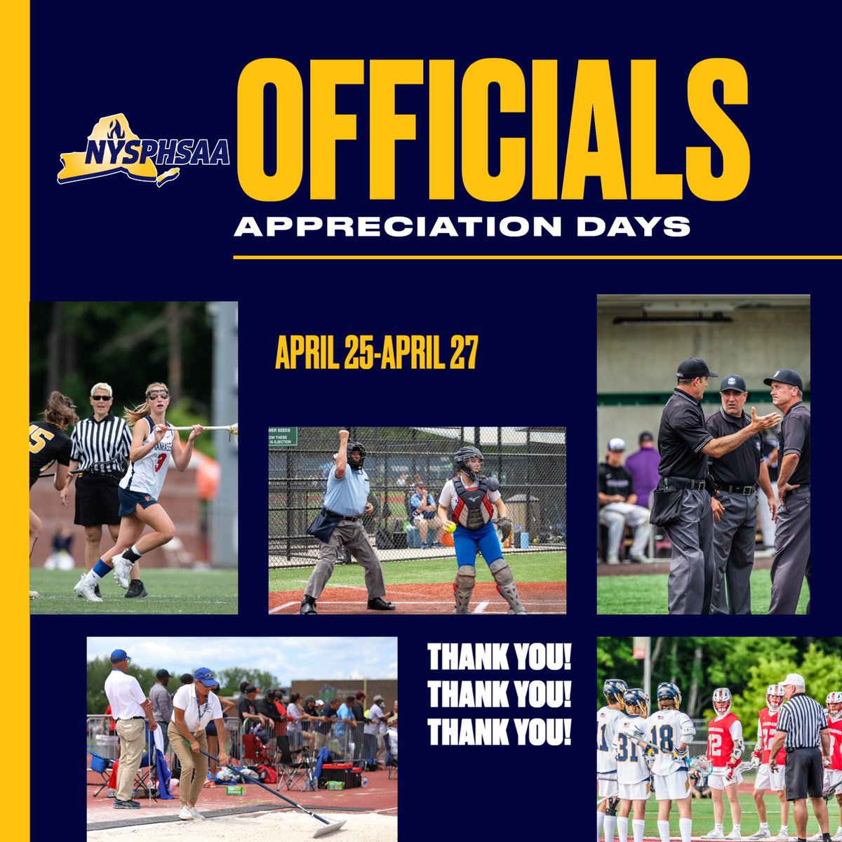 Join us over the next three days in thanking our spring sports officials during #NYSPHSAA Officials Appreciation days! Thank you to the dedicated individuals who give so much time and effort to make interscholastic athletics possible! #NYSPHSAAOfficialsDays
