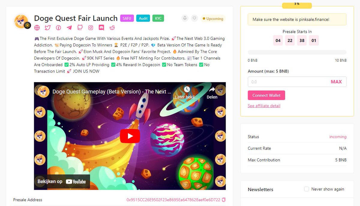 Congrats <a href="/Doge_Quest/">Doge Quest</a> with successfully obtaining the Coinsult SAFU badge on #Pinksale 🚀

The Doge Quest Fair Launch will take place Saturday, April 29th, 14:00 UTC! 🐶