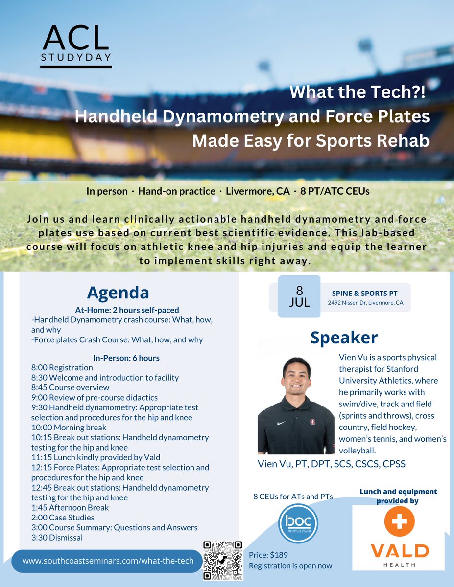 Curious about using force plates and hand held dynamometry in the clinic? Join <a href="/MuyVienDPT/">Vien Vu</a> as he presents a one-day, in-person clinic on how to make these technologies work for you. 

Join us in Livermore, CA on July 8 at <a href="/SpineSportsPT/">Spine and Sports PT</a> 

Click the link in our bio to learn more!