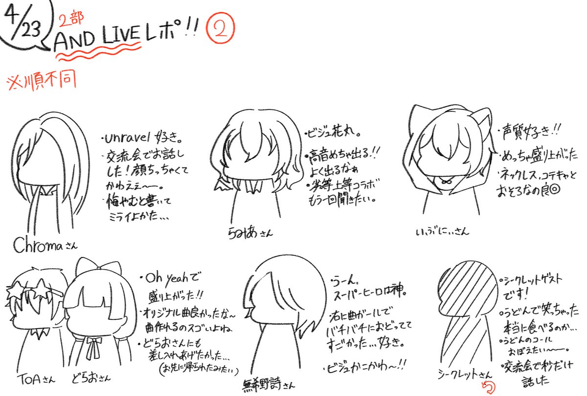 wata_muta's tweet photo. 2.これで全員！！！
描いてる途中であれ！？一人足りなくない！？！？幻覚！？！？と思ったらシークレットゲストさんでした、シークレットゲストなのでお名前は伏せますね🦐
全員ビジュも歌もいいもんなぁ、ライブ最高。 https://t.co/F4huc4Bp7F